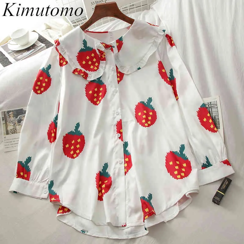 Kimutomo Süße Mädchenbluse und Hemd, süßer Erdbeerdruck, Peter-Pan-Kragen, lange Ärmel, schicke Tops, Frühlingsmode 210521