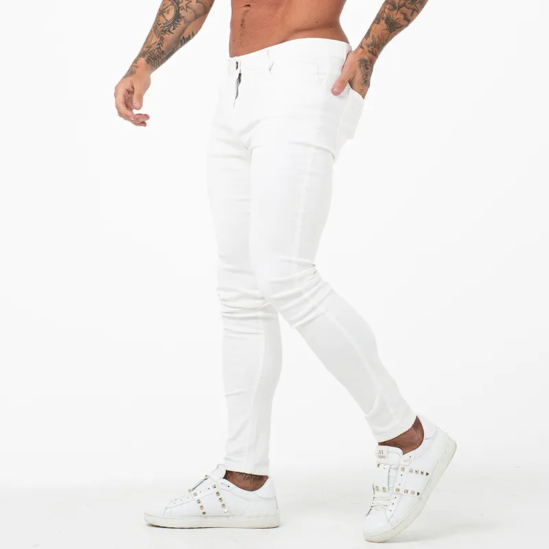 GINGTTO Jeans Blanc Hommes Coton Taille Haute Pantalon Stretch Jeans Plus Taille Été Taille Élastique Pantalon Plus Taille 36 zm55 210319