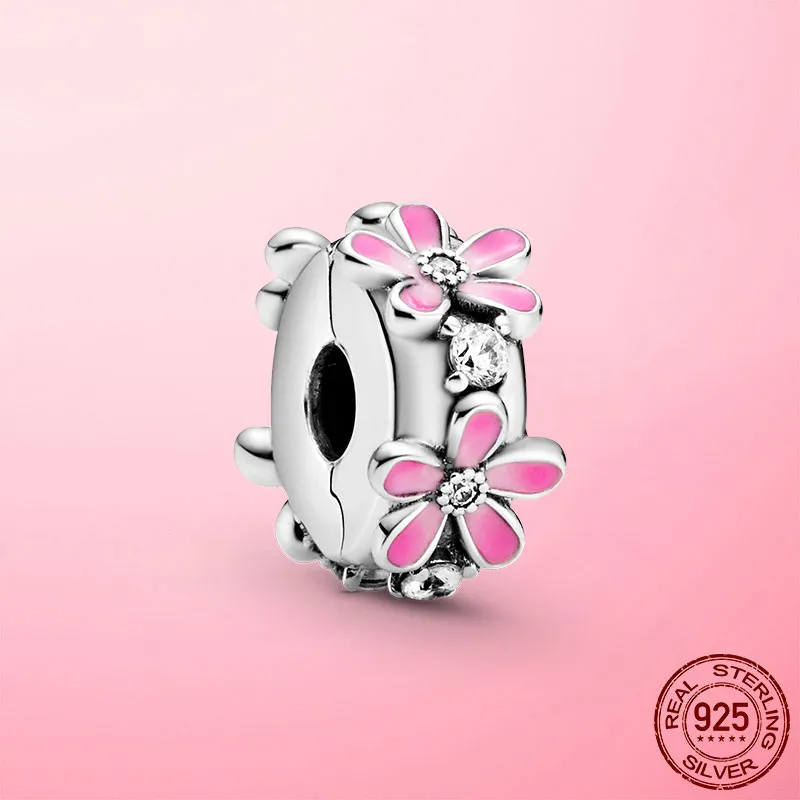 925 Sterling Silver Cz Clip Charm Daisy Beads Stopper Fit Pandora Bracelet 925 Silver Jewelry Clip319H