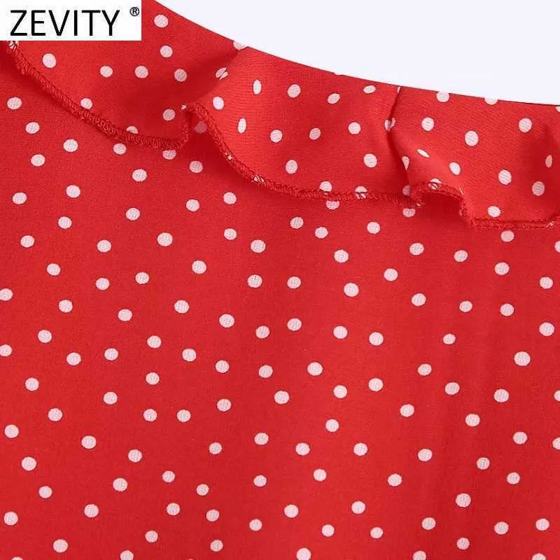 Zevity Women Cascading Ruffles V Neck Dots Print Short Smock Blouse Lady Butterfly Sleeve Shirt Chic Bow Blusas Tops LS7689 210603