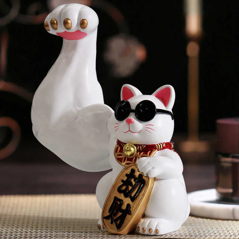 VILEAD Braccio muscolare creativo Figurine di gatto fortunato Accessori la decorazione della casa Interni Feng Shui Artigianato animali Ufficio Camera Negozio 210811