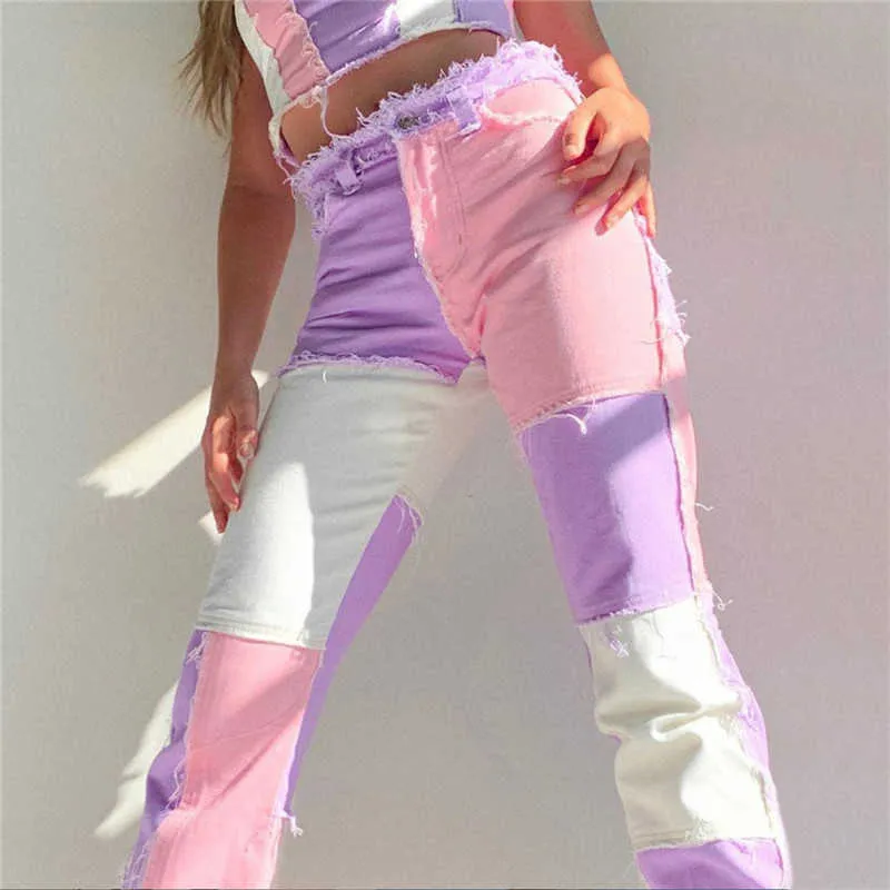 Högt midja Y2K Patchwork Jeans Pantalones Mujer Streetwear Brun Straight Leg Skinny Womans Kläder Pocket Denim Byxor 210708