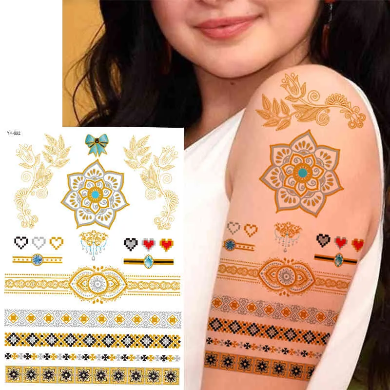 100 листов цельно-девочка тела искусства золотые металлические временные татуировки стикер рукава цепь браслет поддельные водонепроницаемые ювелирные изделия женщины