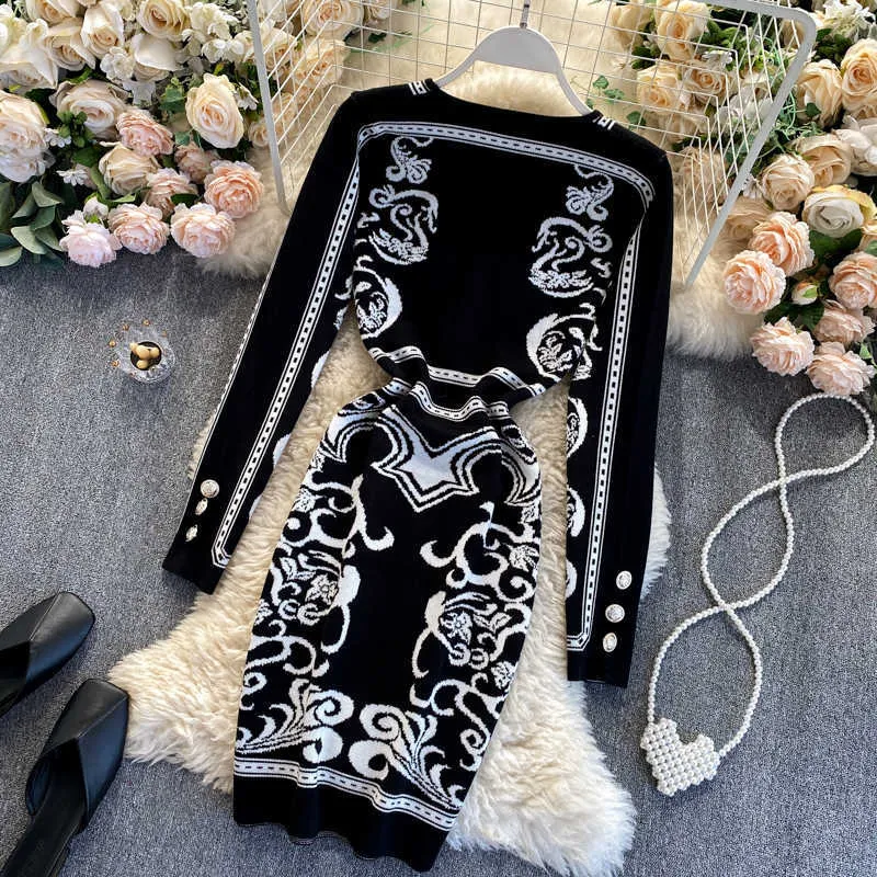 Blumendruck im exotischen Stil gestricktes Kleid Frauen elegantes tiefes V-Ausschnitt Langarm Herbst Winter schlankes figurbetontes Partypulloverkleid 210603