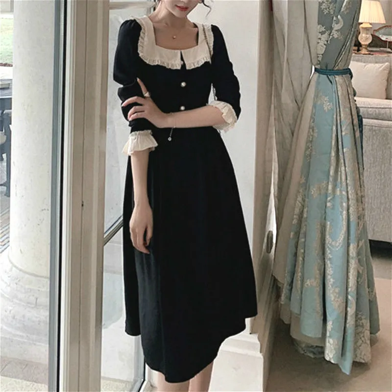 Robe vintage française Femmes Bouton Casual Robe de soirée élégante Col carré à manches longues Robe noire Vêtements coréens Printemps 210521