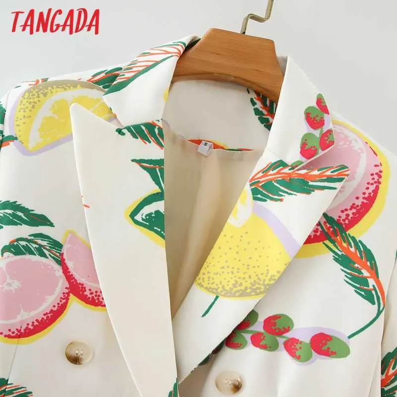 Tangada Women Fashion Fruit Print Blazer Coat Vintage doppio petto manica lunga Capispalla femminile Chic Top DA139 210930