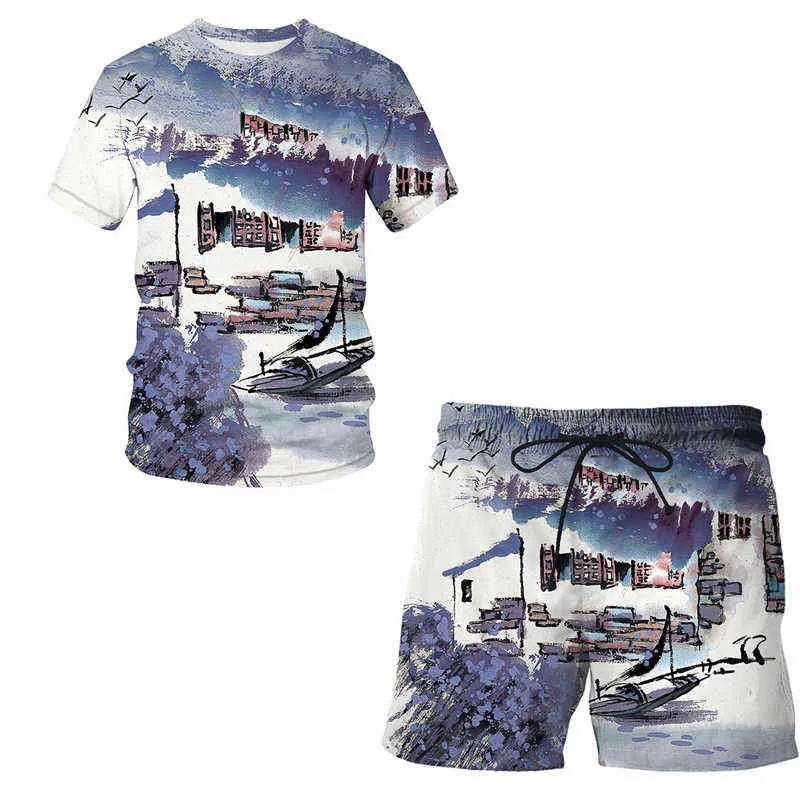 Verão 2021 Novo 3D Impresso Chinês Brush Pintura Homens Terno Padrão T Shirt Manga Curta + Casual Shorts Streetwear Homens Roupas G1217