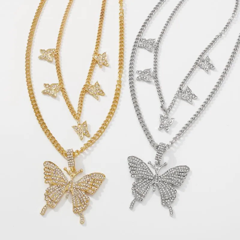 Chaînes Lalynnly femmes luxueux tempérament strass Double couche papillon pendentif collier femme cristal bijoux