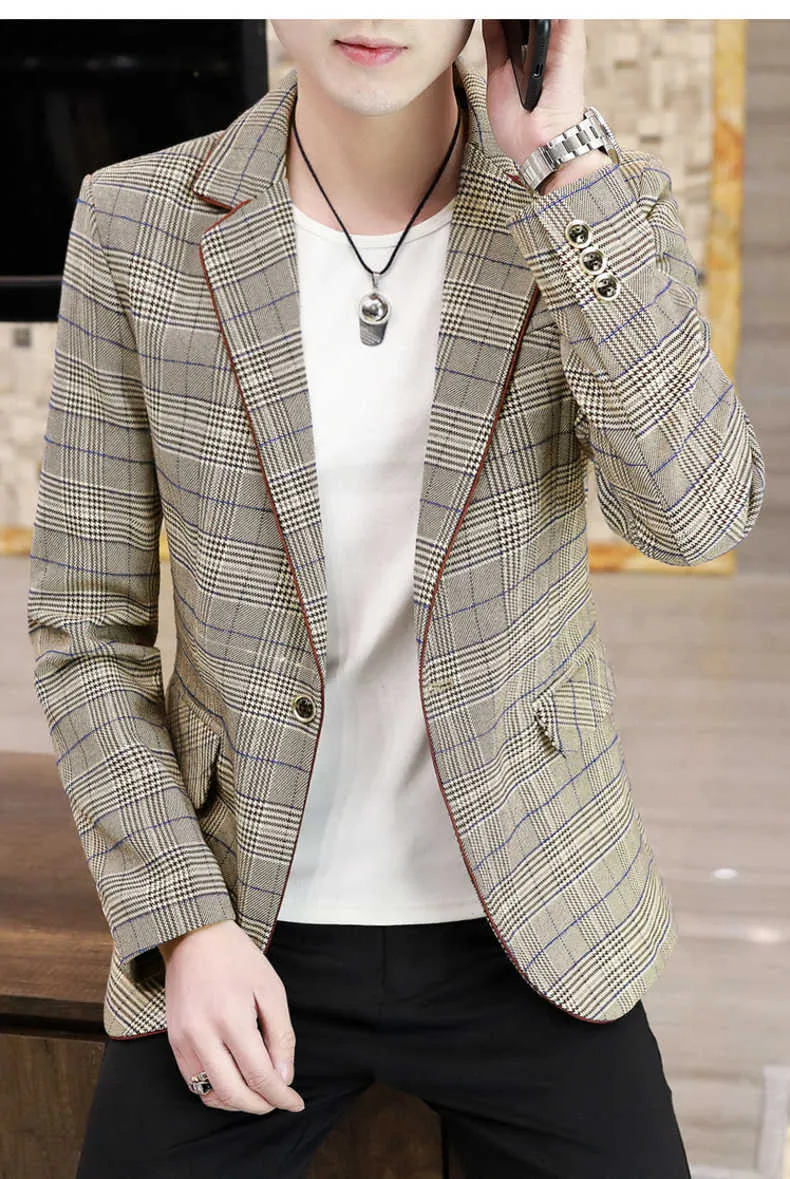 Spring Men Blazers Fashion Korean Slim Fit Plaid Suit Jacket Wedding Business Dress Coat Work Casual Blazer Masculino 210527