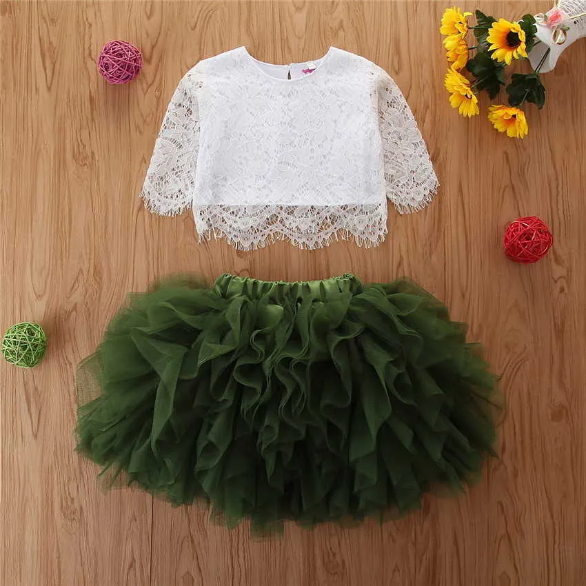 Partihandel blomma flicka sätter vår sommar vit spets topp + fluffig kjol kläder set baby kläder 1-6Y E199044 210610