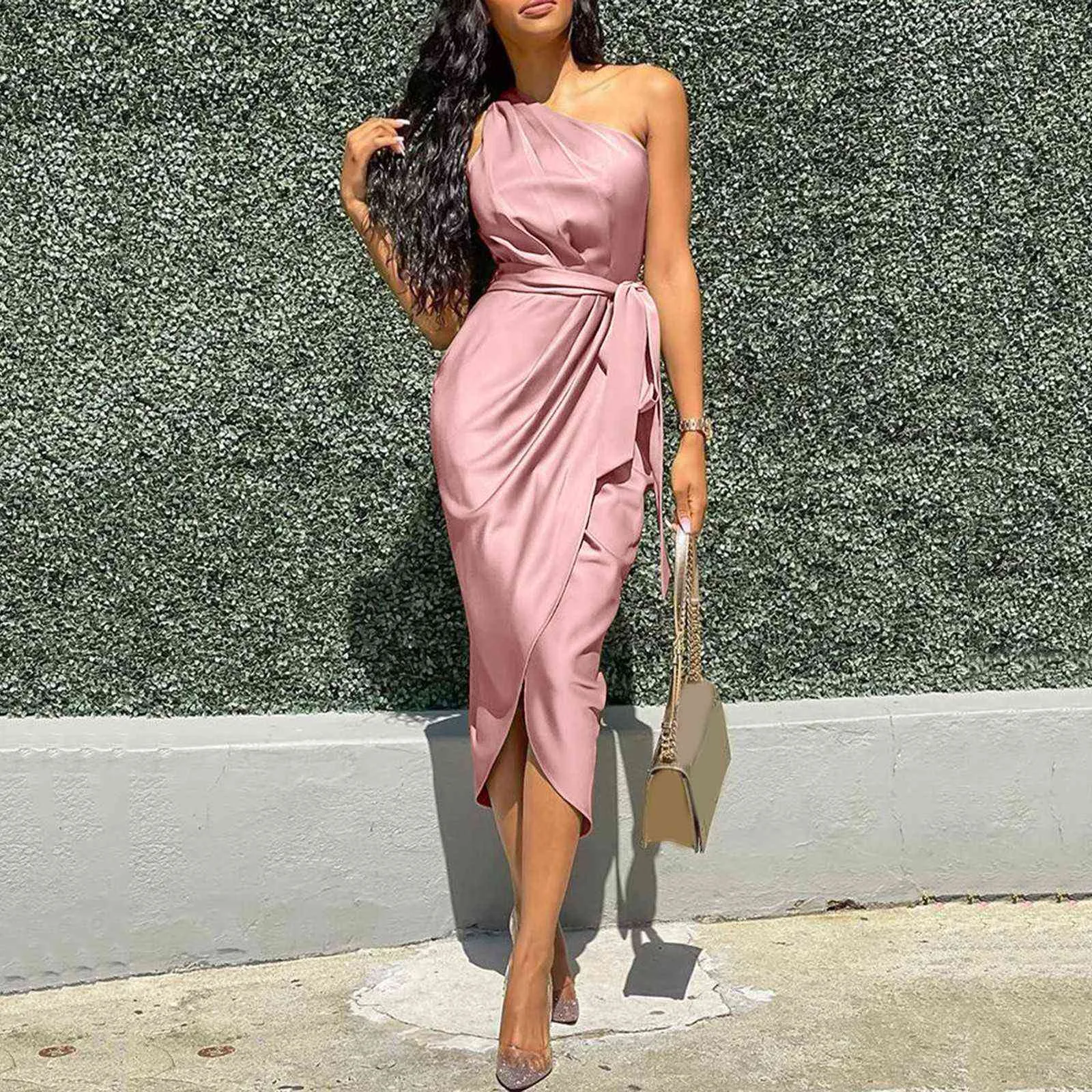 Office ladies sleeveless elegant tie formal dress sexy one-shoulder satin solid color pleated slit dress Y1006