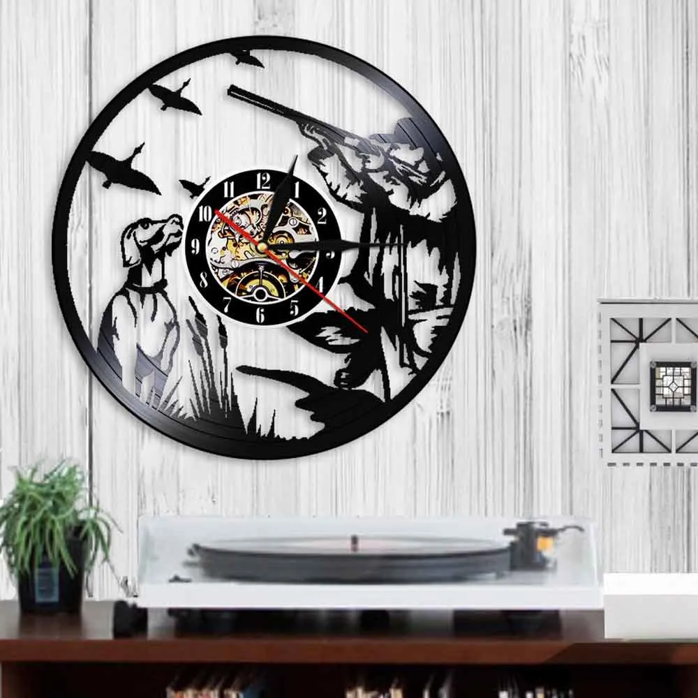 Avcılık Ördek Klok 3D İzle Saatler Modern Tasarım Vinil Kayıt Duvar Saati Avcılar Vintage Dekor Duvar Sanatı Montre Mural Dökün Salon 210325