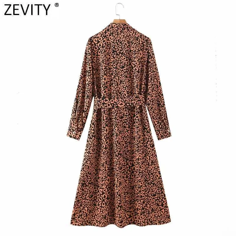 Zevity Women Vintage Leopard Print Bow Tied Sashes Abito camicia Chic Donna Manica lunga Casual Vestido Abbigliamento DS4911 210603