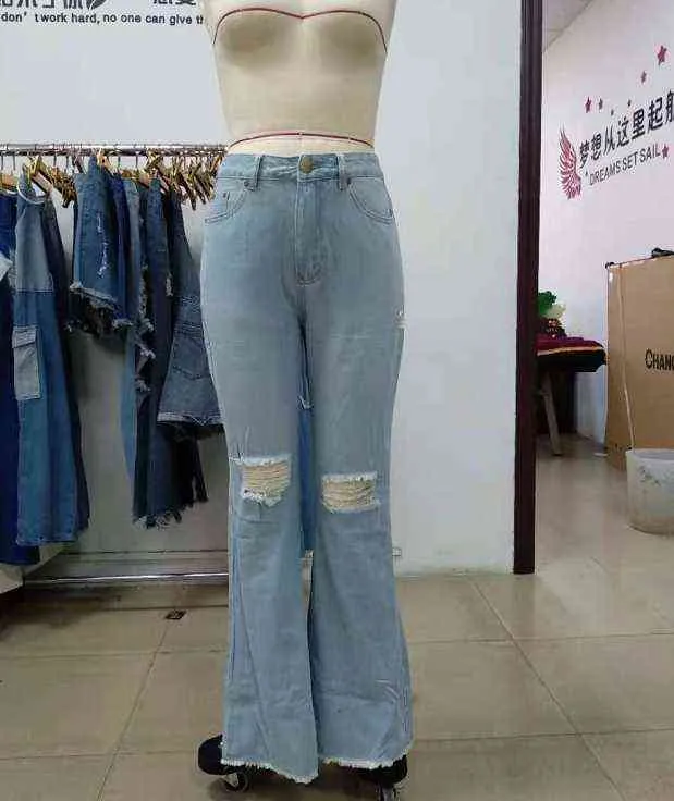 Femmes Vintage Y2k Évider Taille Haute Mode Zipper Jeans Trous Harajuku Chic Flare Large Jambe Pantalon 211102