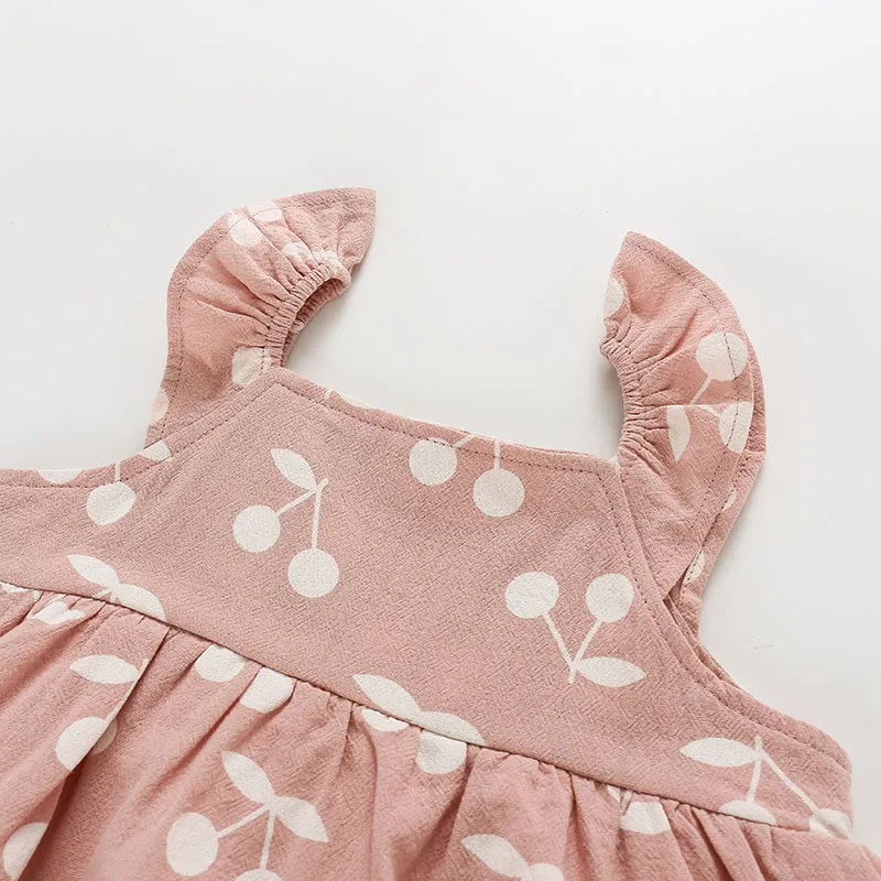 Sommar baby kläder rompers kläder mode söt körsbärs tryck barnkläder + hatt toddler tjej klänning 210515