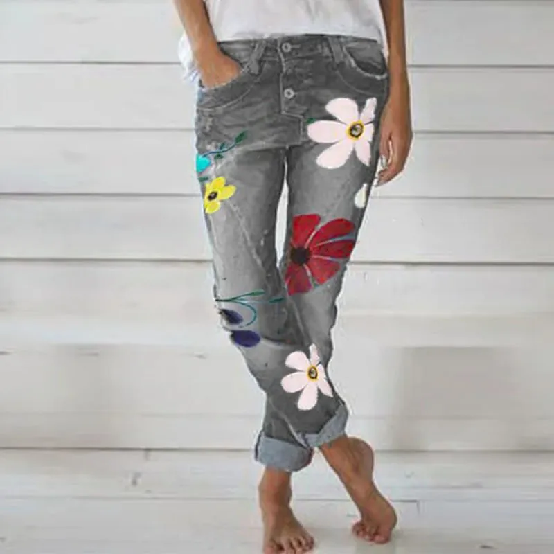 Women Floral Jeans High Waist Flower Print Trousers with Pockets Casual Bottoms Straight Denim Jeans Cargo Pants Women 210515