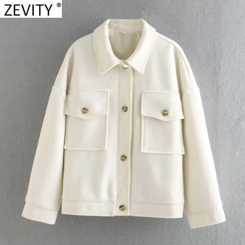 Zevity Femmes Vintage Double Poches Patch Poitrine Chemise En Laine Manteau Femme À Manches Longues Casual Outwear Vestes Chic Tops CT675 210603