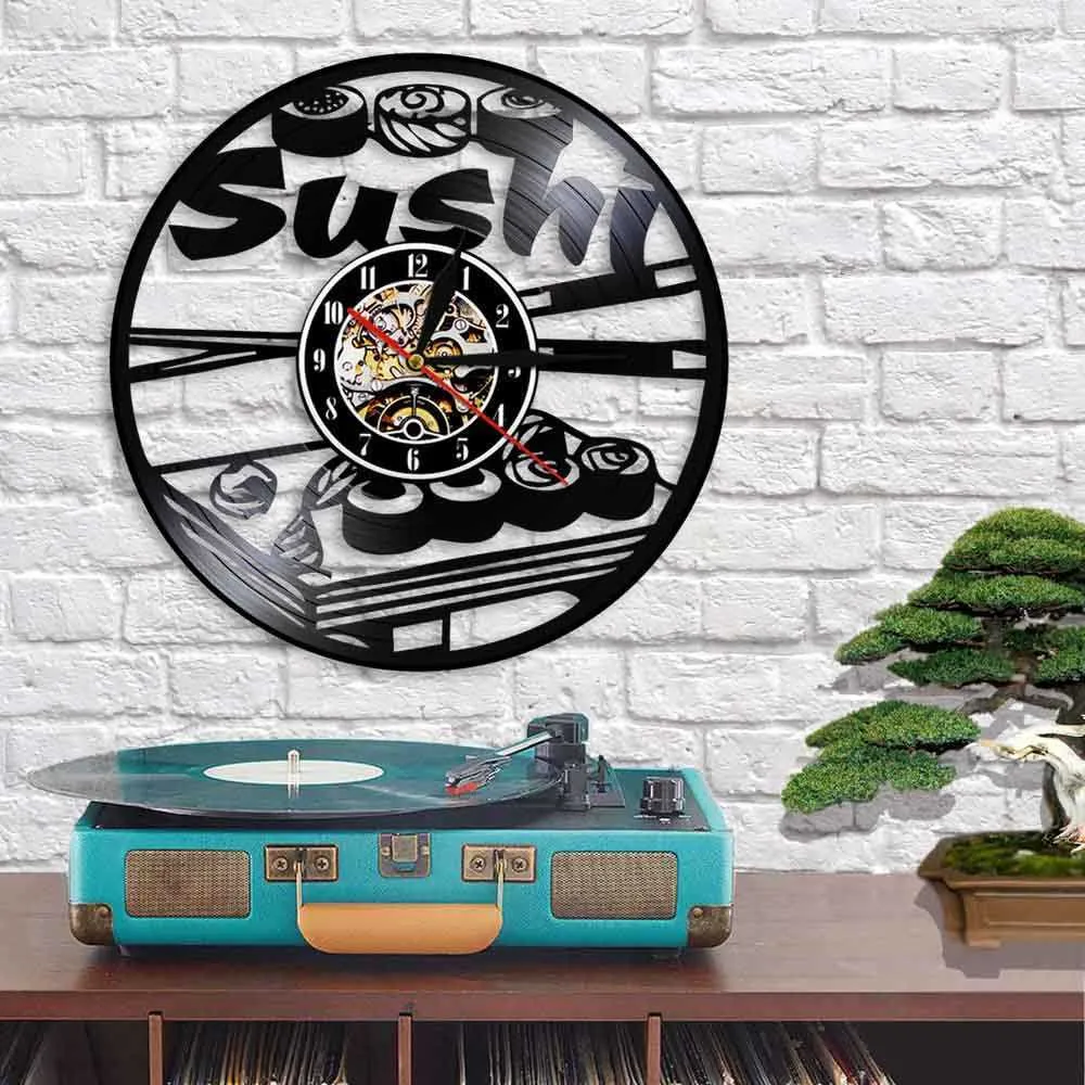 Japanese Cuisine Vinyl Record Wall Clock Modern Design Sushi Rolls Wall Clock Decor Watch Sushi Bar Japanese Sashimi Restaurant 210930