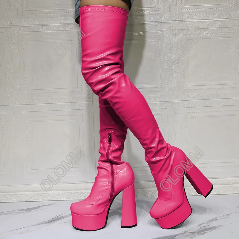 Rontic 새 도착 여성 플랫폼 허벅지 부츠 발굽 발 뒤꿈치 라운드 발가락 화려한 바이올렛 핑크 블랙 파티 신발 여성 플러스 미국 크기 5-20