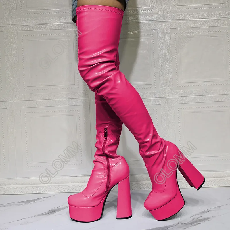 Rontic New Arrival Women Platform Thigh Boots Hoof Heels Round Toe Gorgeous Violet Pink Black Party Shoes Women Plus US Size 5-20