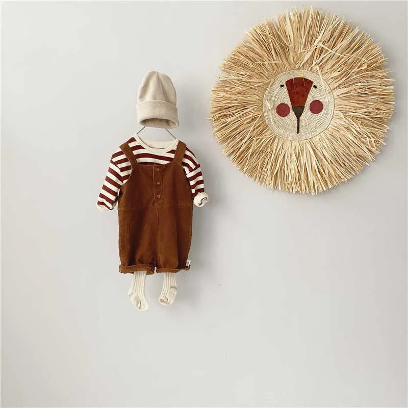 Partihandel Vår Baby sätter långärmad randig sweatshirt + brun corduroy overalls lösa stil kid kläder e3939 210610