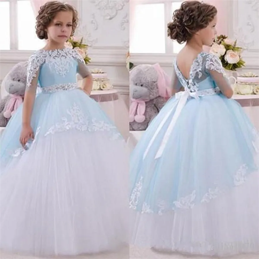 Hot Flower Girl Dresses for Wedding Half Sleeve Ball Gown Tulle Lace Little Girls Pageant Beaded Belt Long First Holy Communion Dresses 2021