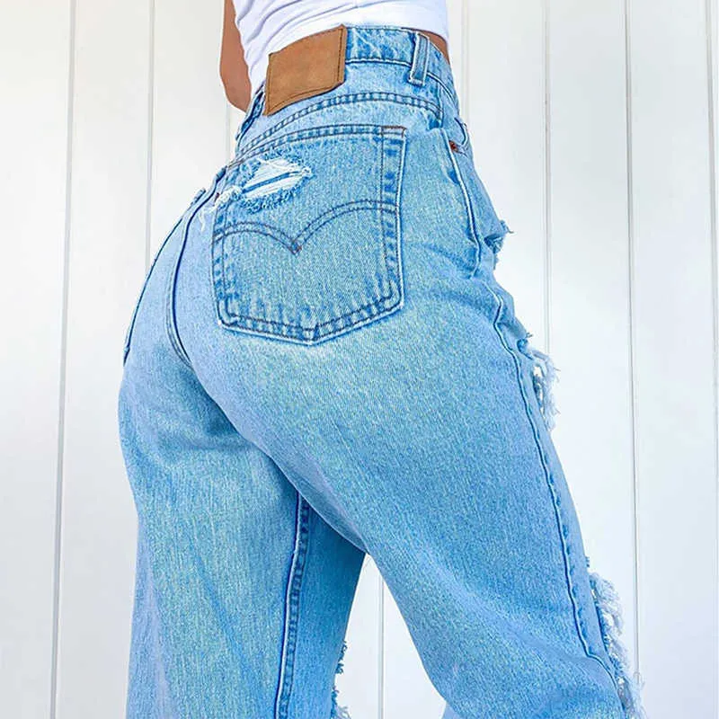 Dames Streetwear Jeans décontracté jambe droite taille haute coupe ample déchiré trous mince femmes Denim pantalon feminino 210809