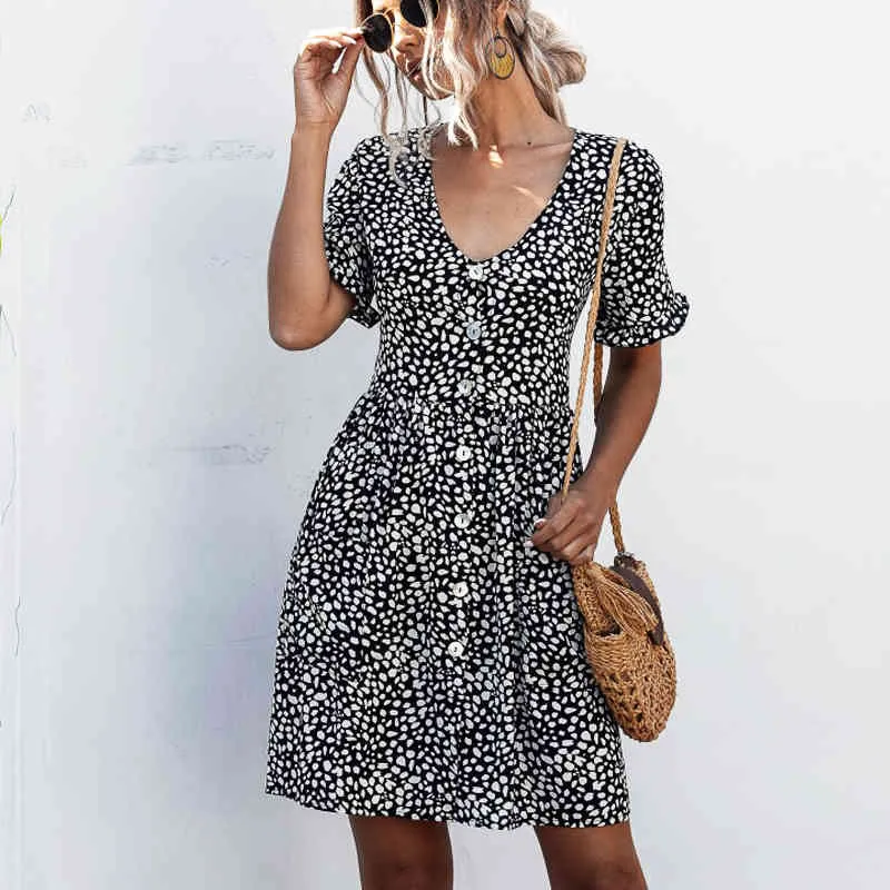 Kleid Sommer Casual Kleid Kurzarm Leopard weiß schwarz Druck Breasted Tasche für frauen vestidos de fiesta 210508
