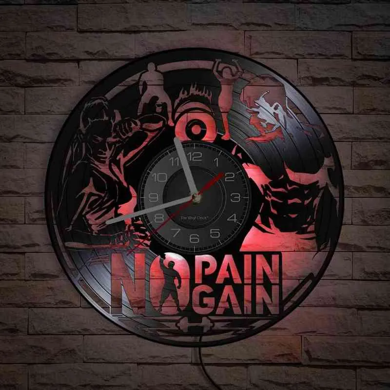 No Pain No Gain Musculation Vinyle LP Record Horloge Murale Inspirante Maison GYM Décor Haltérophilie Entraînement Homme Cave Horloge Silencieuse H1230