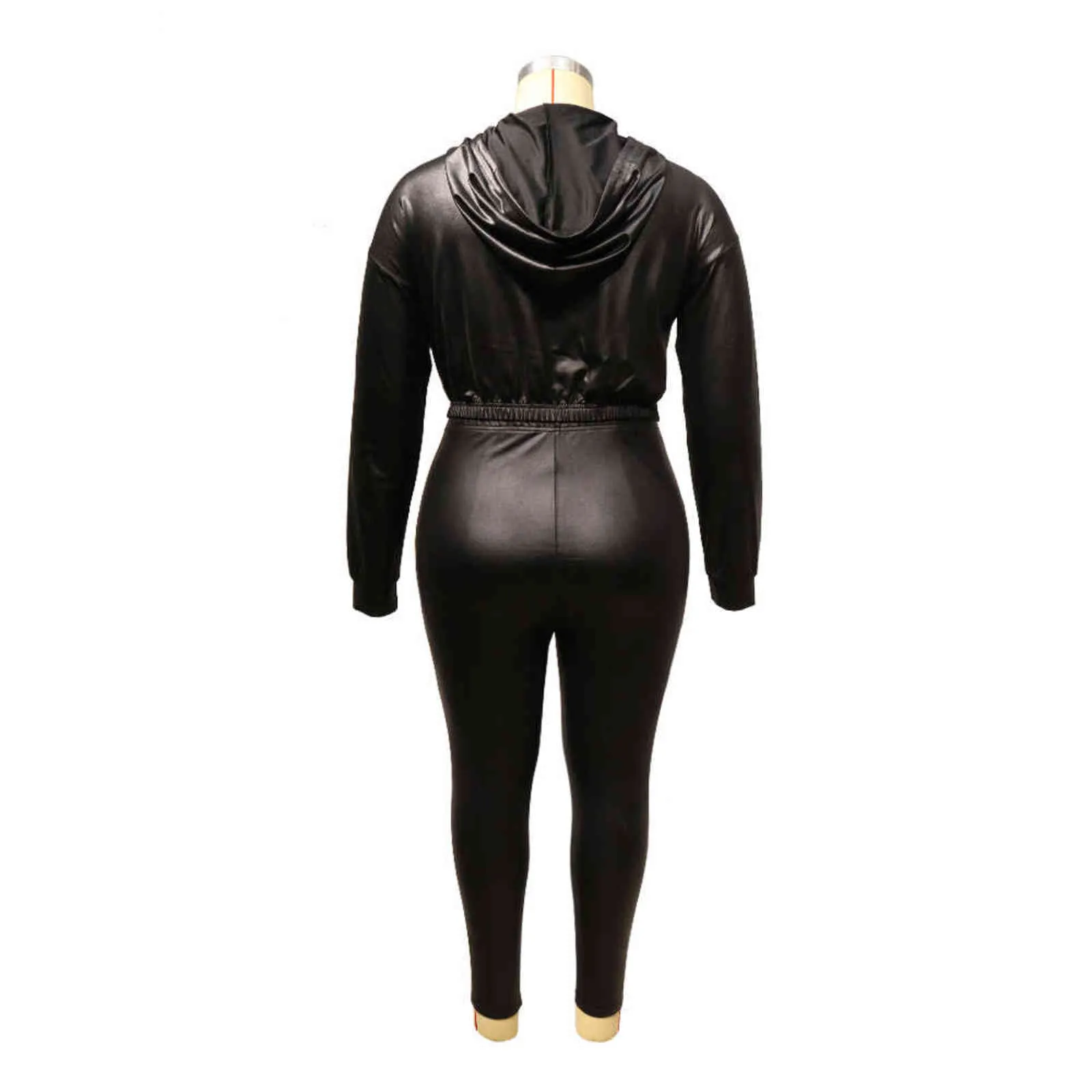 Mulheres Plus Size Set Faux Leather Couro Com Capuz Tops + Slim Calças Dois Peça Outono Sexy Club Outfits 211115