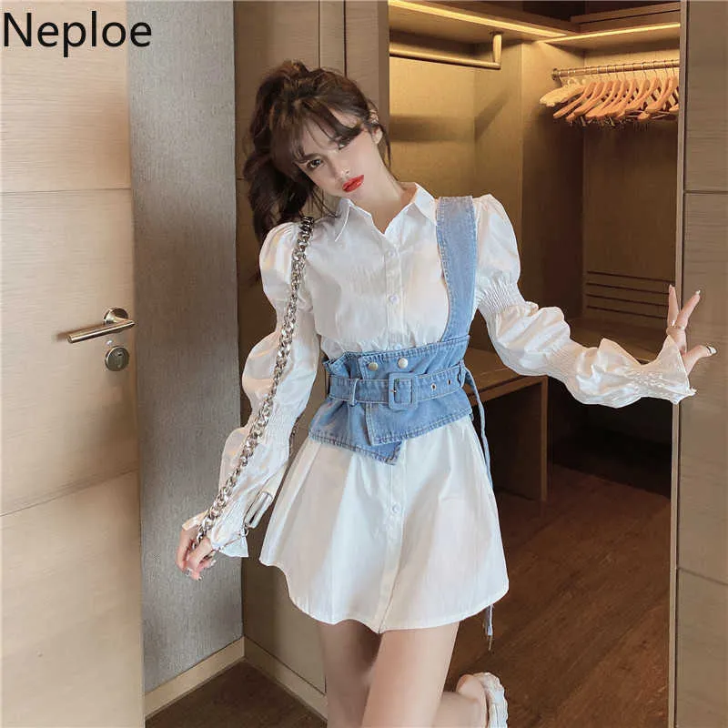 Neploe Korean Suit Set Loose Puff Sleeve White Blouse Tops Slim Waist Irregular Cowboy Vest Two Piece Outfits for Women 210730