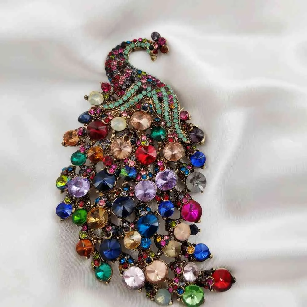 Prachtige multi-gekleurde kristallen steentjes 4.22 '' grote pauwbroches met groenblauw groen accentverklaring Bid pins jaag sieraden