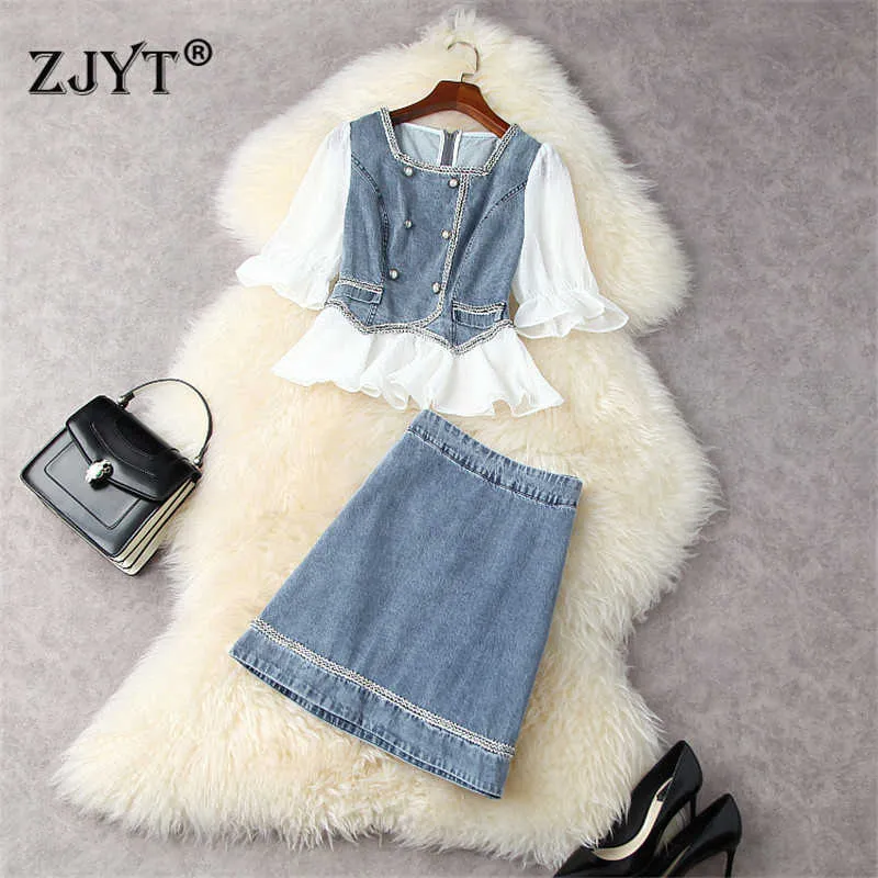 Kobiety Moda Summer Runway Set Projektanci Rękaw Rużek Ruffles Denim Top i Spódnica Aline Suit Elegant Lady Office Outfit 210601