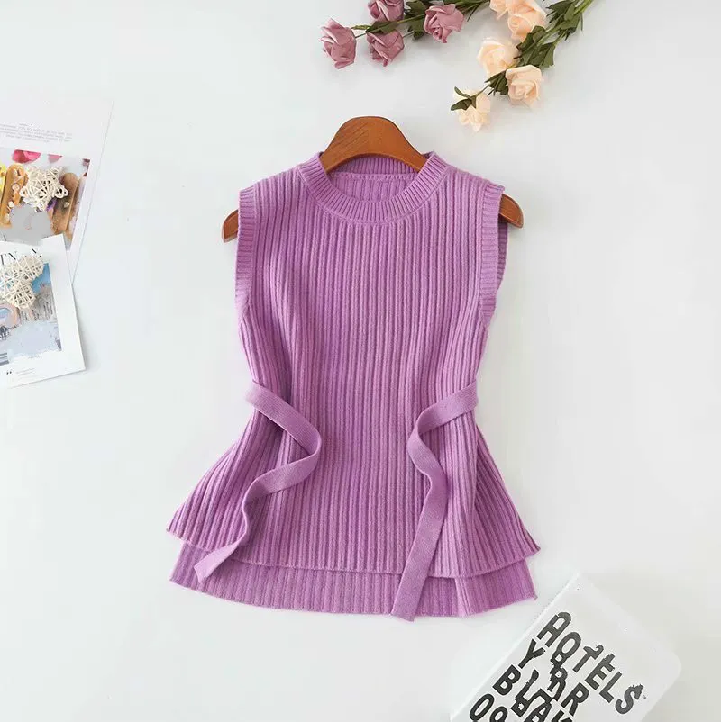 Ezgaga Pull Gilet Femmes Automne Nouveau O-Cou Sans Manches Pulls Solide À Lacets Slim Bureau Violet Tricoté Tops Élégant 210430