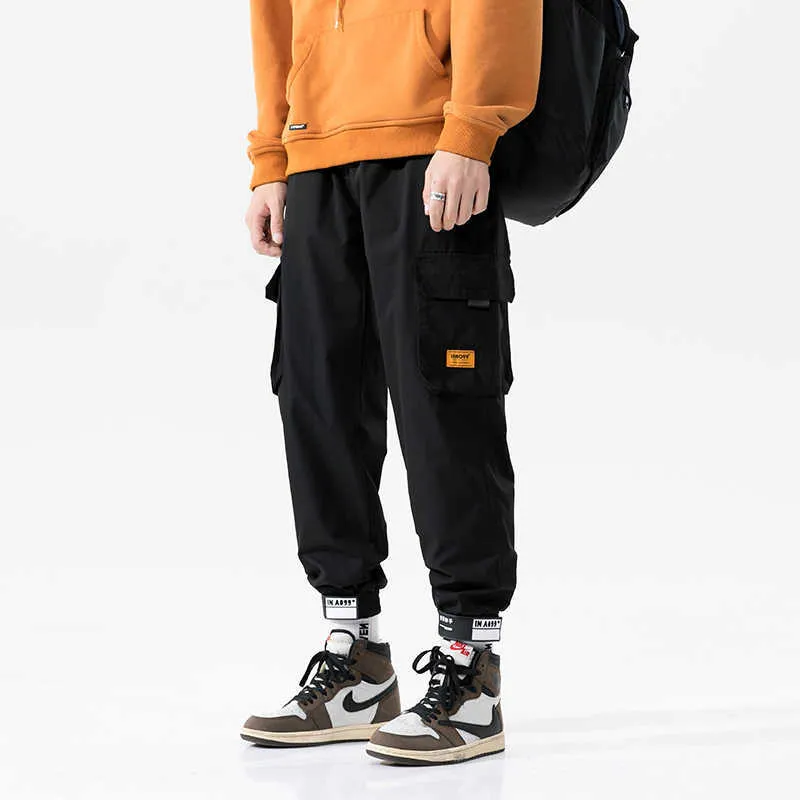 Män färgblock Svart Pocket Cargo Byxor 2021 Höst Harem Joggers Man Harajuku Sweatpant Hip Hop Trousers Dropshipping x0615