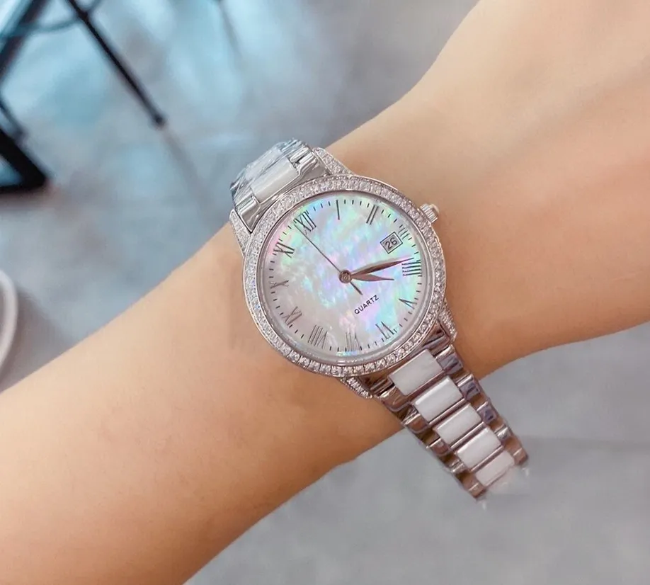 Women Geometric Roman number Wristwatch Minimalist Rhinestone Ceramic Quartz watches Ladies Mother of pearl dial Date Clock 32mm