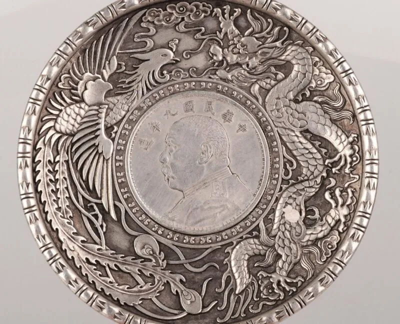 Chinesische Vintage handgemachte Schnitzerei Drache Phönix Teller Silber Kupfer Sammlung