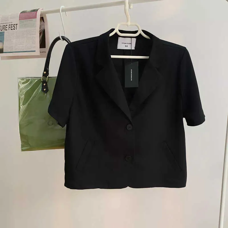 Coreano Chic OL Formal Ternos Casacos Mulheres Blazer Brazer Curto Top Manga Jaqueta Verão Falso Bolso Senhoras 210601