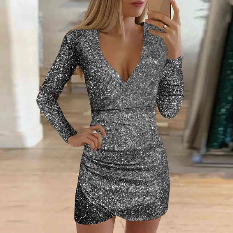 Vestido de mujer elegante Sexy cuello en V profundo manga larga autocultivo vestidos ajustados para mujer traje de fiesta club nocturno vestido de lentejuelas Y1204