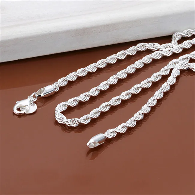 Mäns Sterling Silver Plated Twinkling Rope Chains Halsband 4mm GSSN067 Fashion Lovely 925 Silver Plate Smyckeshalsband Cha2344