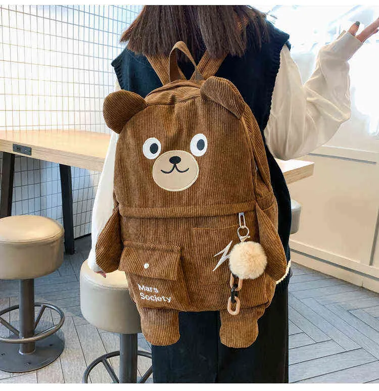 Damer söt corduroy ryggsäck kvinnlig kawaii björn broderi design resa ryggsäck mochila för kvinnor student japansk skolväska y1105