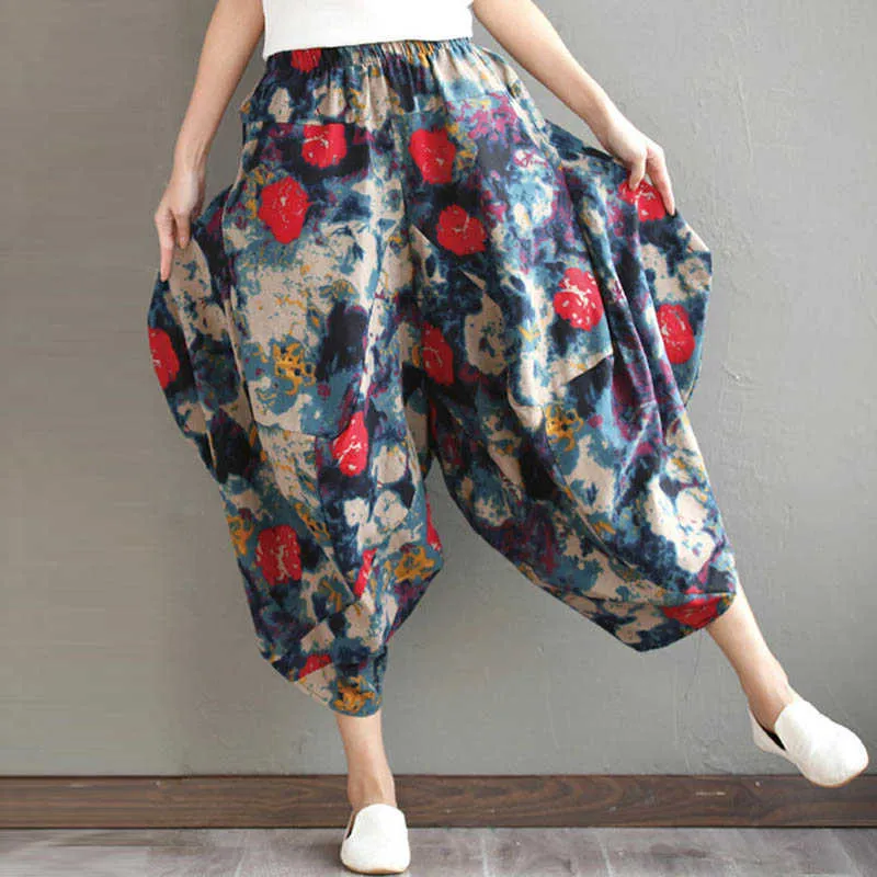 Boho Sarouel Cotton Linnen Wide Been Crop Brood Boheemse Print Oversized Harem Pantalons Casual Bebouwd Broek Q0801