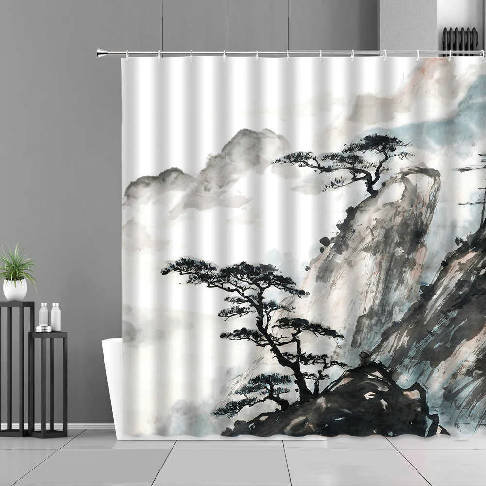 Bläckmålning bambu löv fågel dusch gardiner bergsvatten växt landskap vattentät badrum gardin kinesisk heminredning 210915