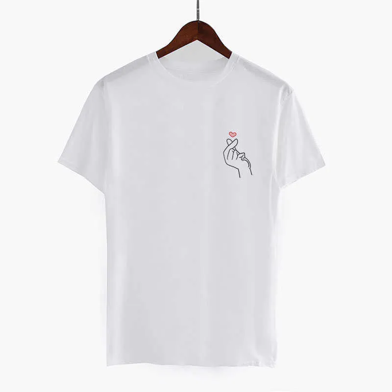 Été haut pour femme Style Kpop doigt coeur imprimé col rond à manches courtes Ulzzang t-shirts Harajuku mode t-shirt Couple vêtements X0527