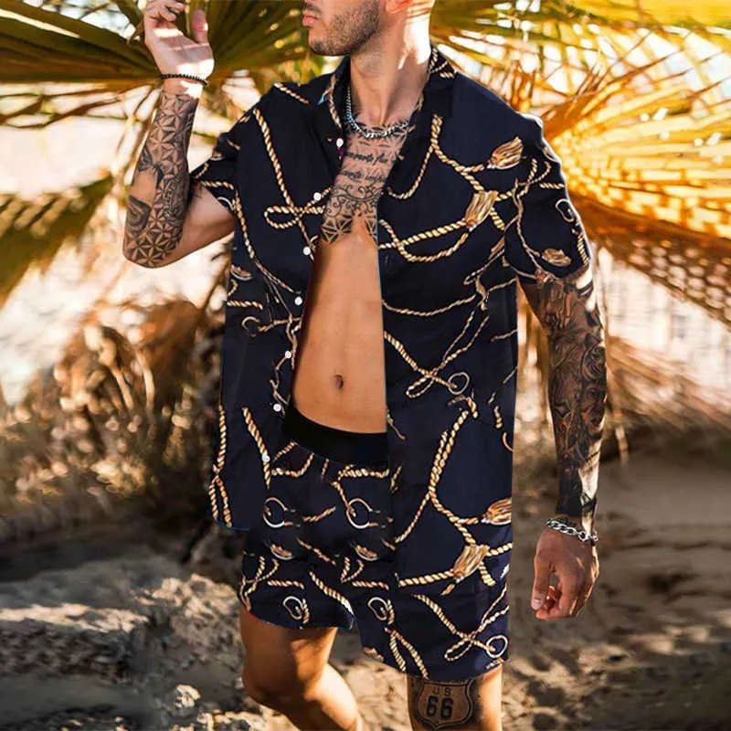 Conjuntos de pantalones cortos de verano 2021 para hombre, ropa de calle con estampado de manga corta, camisa de playa para hombre, chándal informal con botones hawaianos, trajes de dos piezas X0610