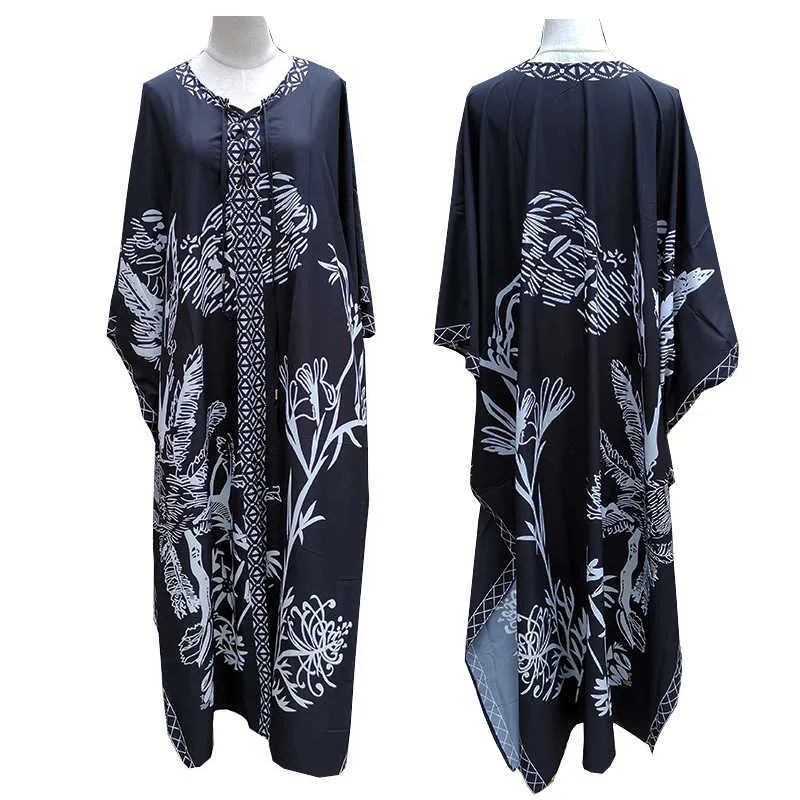 Plus storlek strand täcker upp boho kvinnor klänning svart tryck strandkläder casual lös pareo kaftan bikini coverup 210629