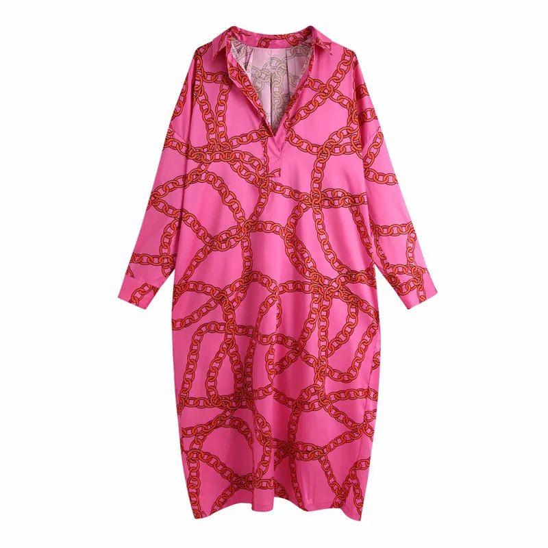 Vuwwyv moda rosa oversized impressão midi vestido mulheres verão elegante casual blusa mulher manga longa colarinho vestidos 210430