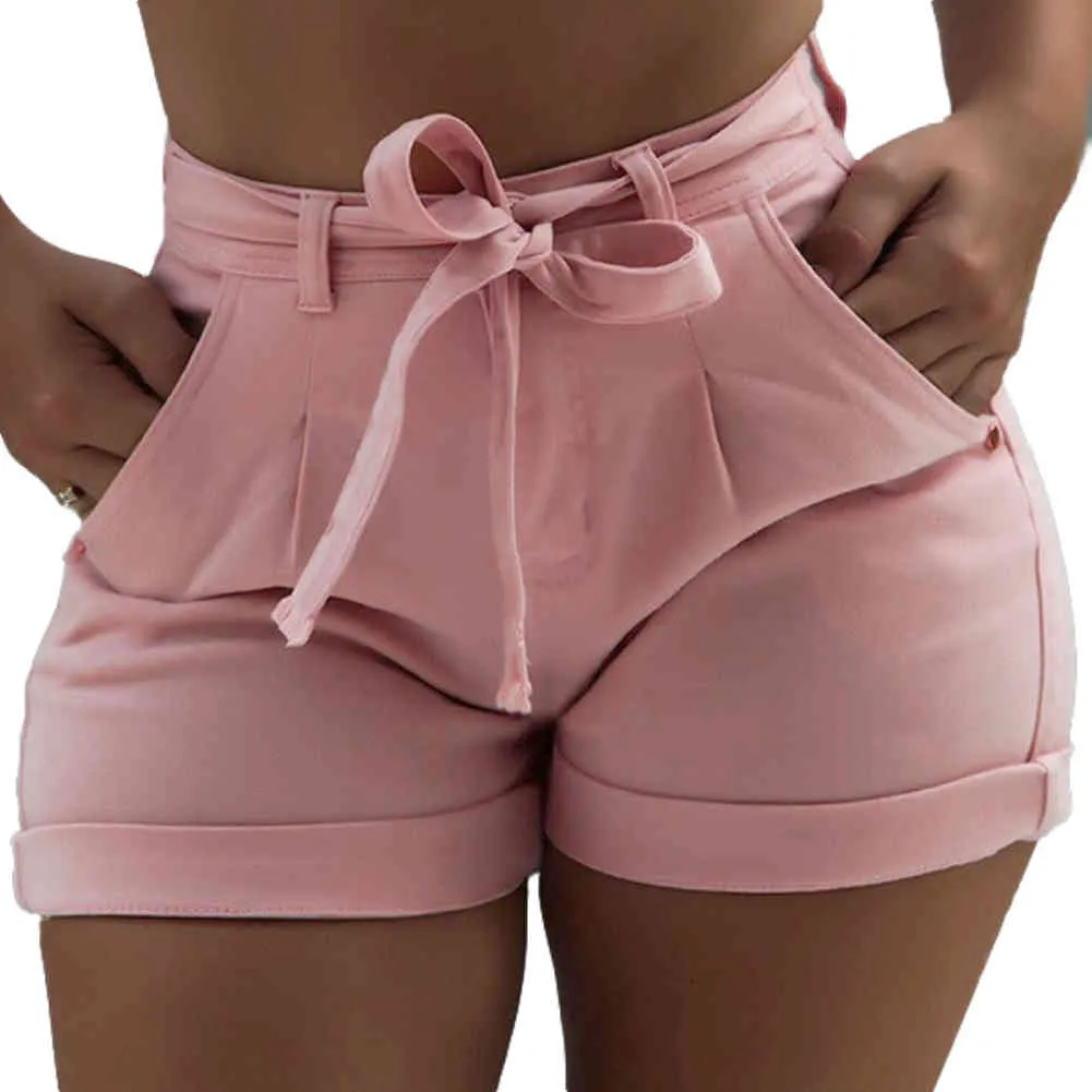 Artı Boyutu Moda Kemerli Denim Şort Yaz Kadınlar Sıska Yüksek Bel Kot Lady Streetwear Cepler ile Sıcak Kısa Pantolon Fermuar 210323