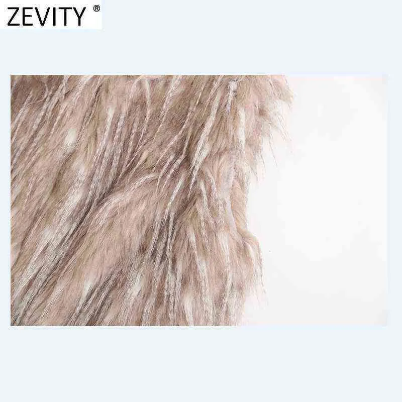 Zevity Women Fashion Ärmlös Färg Matchande Faux Fur Patchwork Vest Jacka Dam Casual Waistcoat Chic Outwear Toppar CT743 211123