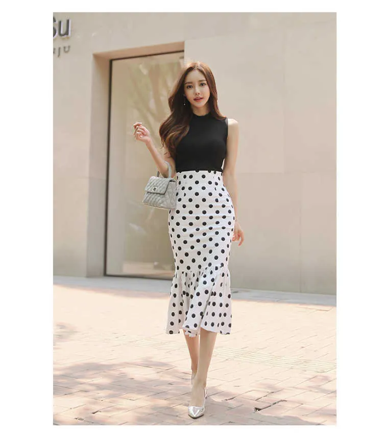 Office set Suit For women Summer Korea Black Knitted Tops White Dot Long Skirt Sexy ladies formal 210602